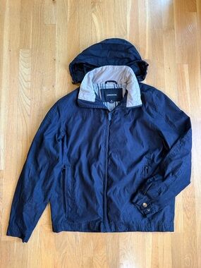 London Fog Packable Jacket Men's Medium Hooded Windbreaker Blue Full Zip Travel